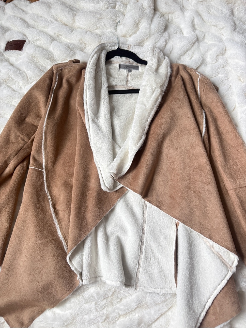 Cozy Faux-Suede Open Front Shawl in Taupe and Cream